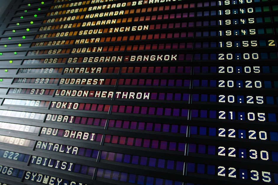 Retro flip-style airport departure board showing international flight destinations and times